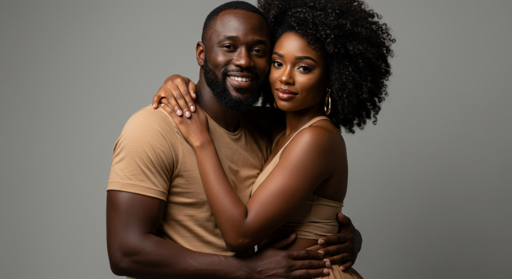 A loving couple embracing, highlighting the power of emotionally safe relationships in men’s mental health.