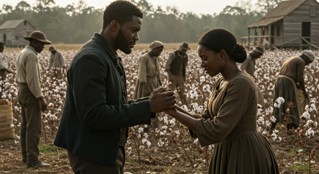 An emotional illustration of an attractive Black couple lovingly embracing for the last time, capturing the pain of being separated during slavery - a visual reflection of how historical trauma disrupted Black love and family bonds.