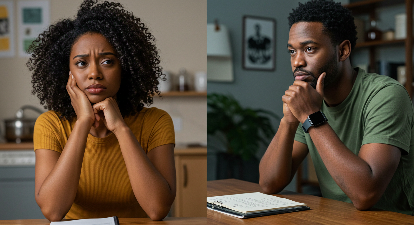 A side-by-side image of an emotionally reflective Black woman sitting at a table with an open journal and a thoughtful expression, paired with a Black man gazing into the distance in quiet contemplation. Their expressions capture the emotional solitude and strength of healing, representing the often unseen journey of emotionally mature singles navigating love after personal growth.